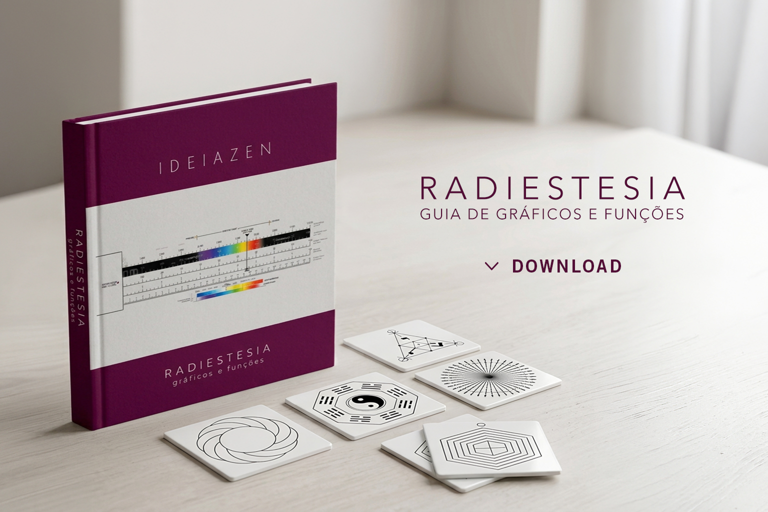 Guia Radiestesia impresso ao lado de placas com gráficos radiestésicos